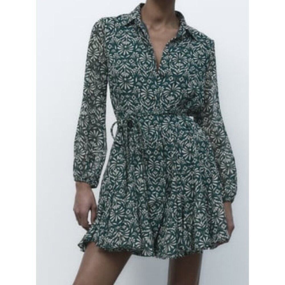 ZARA Sheer Leaf Print Belted Button Front Dress in Forest Green Boho - Size S - Picture 1 of 16